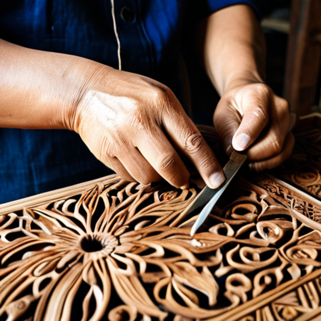 **

A skilled Vietnamese artisan meticulously carving intricate details into a wooden panel, fully clothed in traditional attire. The workshop is filled with tools and wood shavings. Natural lighting, close-up shot, emphasizing the artisan's hands and the delicate carving. Safe for work, appropriate content, fully clothed, professional, modest.

**