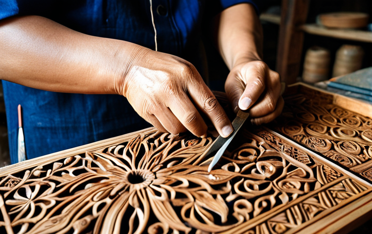 **

A skilled Vietnamese artisan meticulously carving intricate details into a wooden panel, fully clothed in traditional attire. The workshop is filled with tools and wood shavings. Natural lighting, close-up shot, emphasizing the artisan's hands and the delicate carving. Safe for work, appropriate content, fully clothed, professional, modest.

**