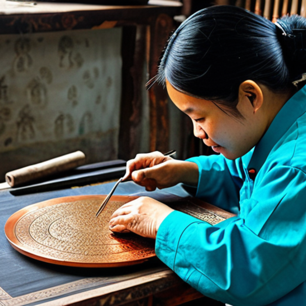 Traditional Art**

"A Vietnamese artisan carefully etching a copper plate with intricate designs, creating a traditional Đông Hồ-style folk painting, fully clothed in ao ba ba, workshop setting, appropriate attire, safe for work, perfect anatomy, natural proportions, fine details, vibrant colors, professional photography, modest setting."

**