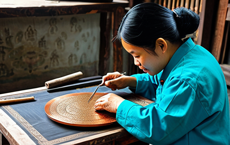 Traditional Art**

"A Vietnamese artisan carefully etching a copper plate with intricate designs, creating a traditional Đông Hồ-style folk painting, fully clothed in ao ba ba, workshop setting, appropriate attire, safe for work, perfect anatomy, natural proportions, fine details, vibrant colors, professional photography, modest setting."

**