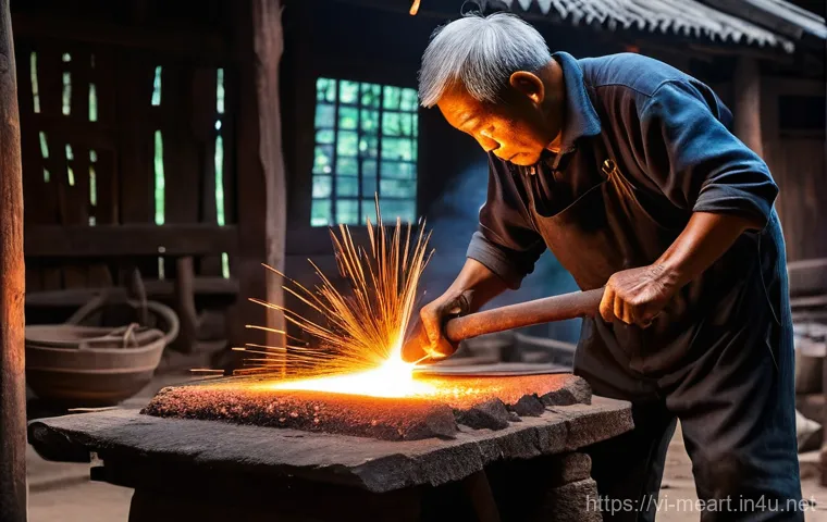 블랙스미스 공예 개론 - **A seasoned Vietnamese blacksmith at work in his traditional village forge.** The image captures an...