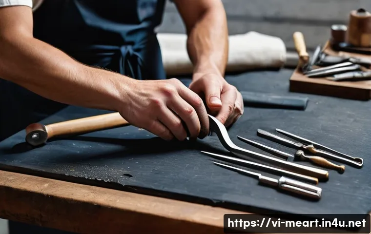 금속공예 판매 플랫폼 추천 - **"An artisan, wearing a practical, clean apron over modest clothing, intently focuses on intricate ...