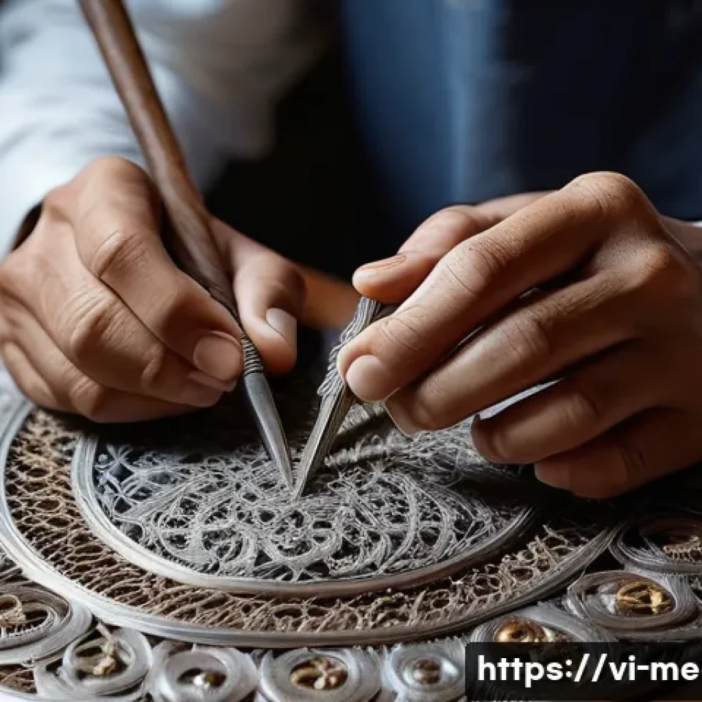 금속공예와 의료기기 디자인 - A close-up, highly detailed shot of an artisan's hands meticulously working on an intricate silver f...