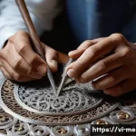 Home 19 금속공예와 의료기기 디자인 - A close-up, highly detailed shot of an artisan's hands meticulously working on an intricate silver f...