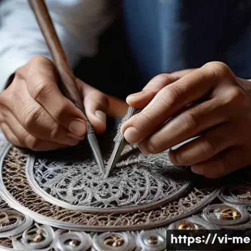 Home 13 금속공예와 의료기기 디자인 - A close-up, highly detailed shot of an artisan's hands meticulously working on an intricate silver f...