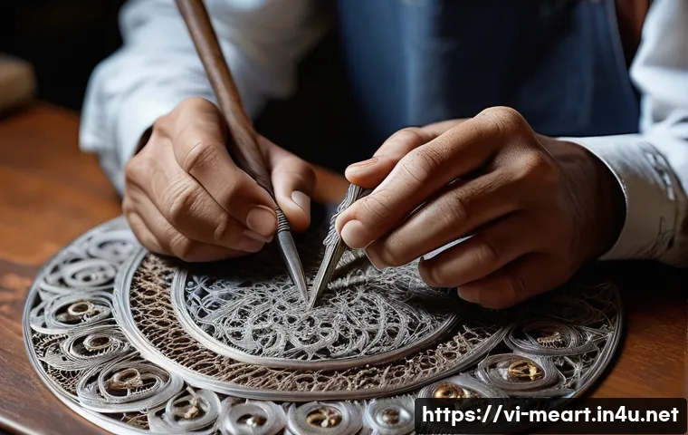 금속공예와 의료기기 디자인 - A close-up, highly detailed shot of an artisan's hands meticulously working on an intricate silver f...