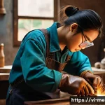 Home 22 온라인 금속공예 강좌 추천 - A Vietnamese artisan workshop scene showing a young adult wearing protective gloves and safety glass...