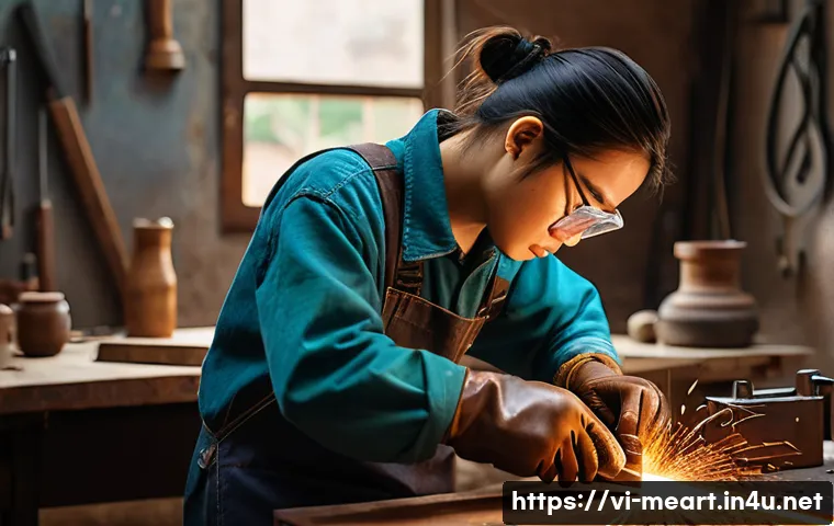 온라인 금속공예 강좌 추천 - A Vietnamese artisan workshop scene showing a young adult wearing protective gloves and safety glass...