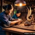Home 21 해외 금속공예 트렌드 - A traditional Southeast Asian metal artisan workshop scene showcasing intricate bronze casting and h...
