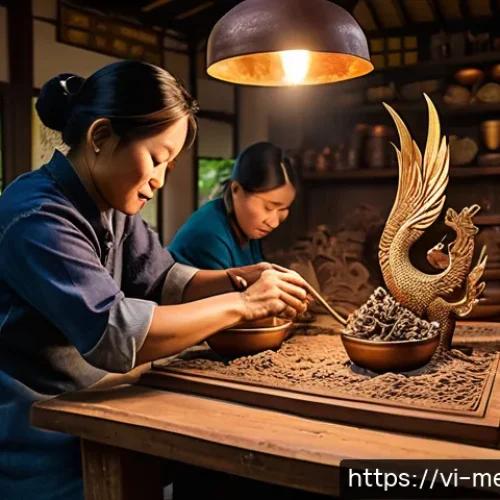 Home 33 해외 금속공예 트렌드 - A traditional Southeast Asian metal artisan workshop scene showcasing intricate bronze casting and h...