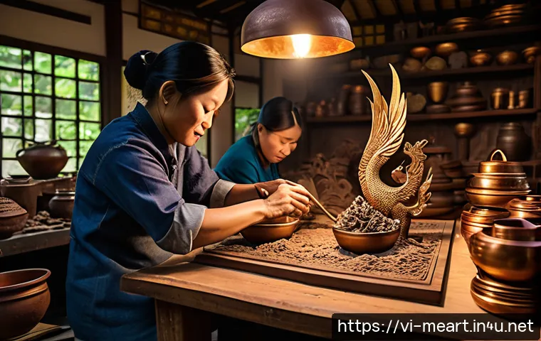 해외 금속공예 트렌드 - A traditional Southeast Asian metal artisan workshop scene showcasing intricate bronze casting and h...