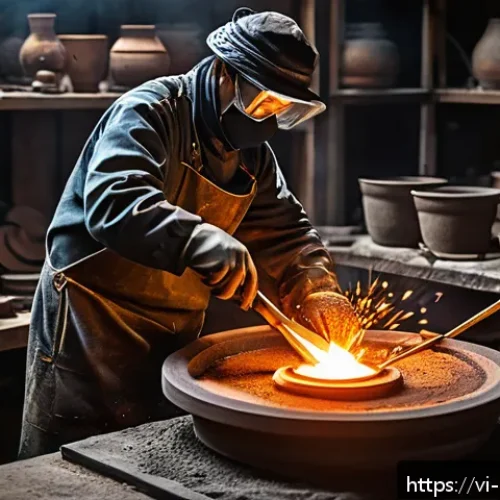 Home 32 조형 예술로서의 금속공예 - A highly detailed metal sculpture workshop scene featuring an artist casting molten bronze into a cl...