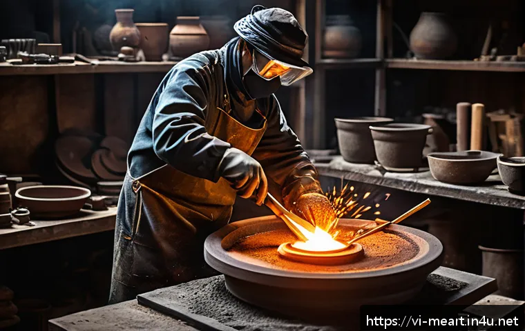 조형 예술로서의 금속공예 - A highly detailed metal sculpture workshop scene featuring an artist casting molten bronze into a cl...