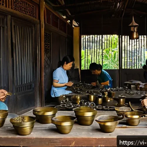 Home 31 금속공예 수출 전략 - A detailed scene showcasing a Vietnamese artisan workshop where skilled craftspeople are handcraftin...