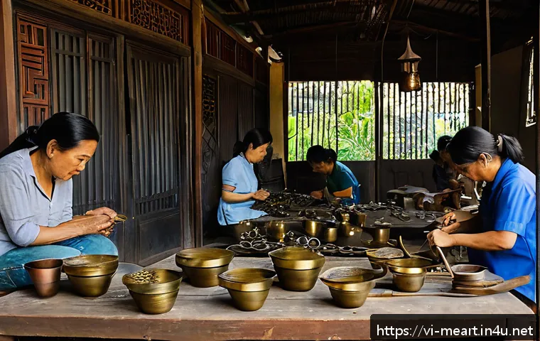 금속공예 수출 전략 - A detailed scene showcasing a Vietnamese artisan workshop where skilled craftspeople are handcraftin...