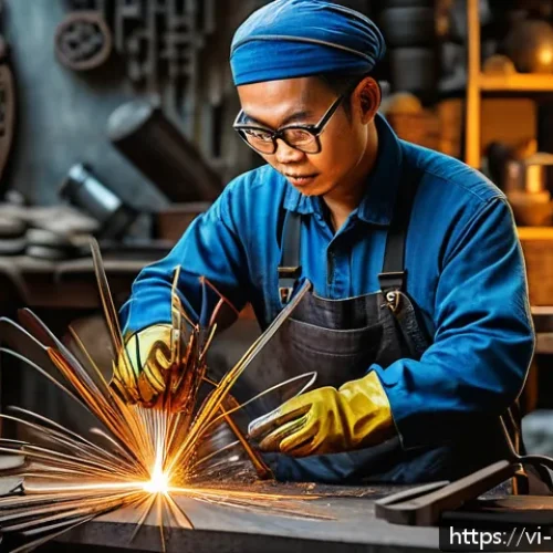 Home 30 금속공예 창작과 저작권 문제 - A Vietnamese metal artist in a modern workshop carefully crafting a unique metal sculpture, surround...