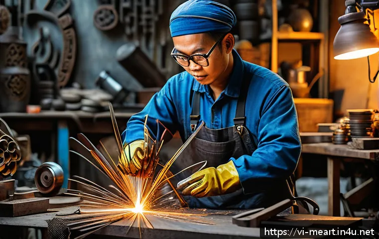금속공예 창작과 저작권 문제 - A Vietnamese metal artist in a modern workshop carefully crafting a unique metal sculpture, surround...